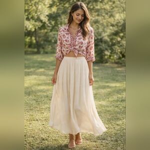 Max Studio Floral Boho Blouse Top Red White Lightweight Rayon Size XS